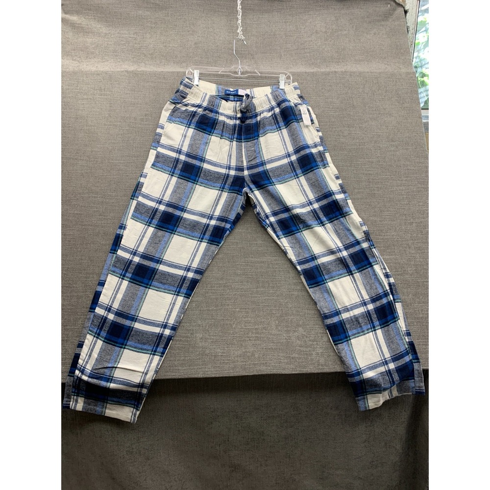 Old Navy Flannel Pajama Pants Mens L Blue White Plaid Sleepwear Drawstring Waist